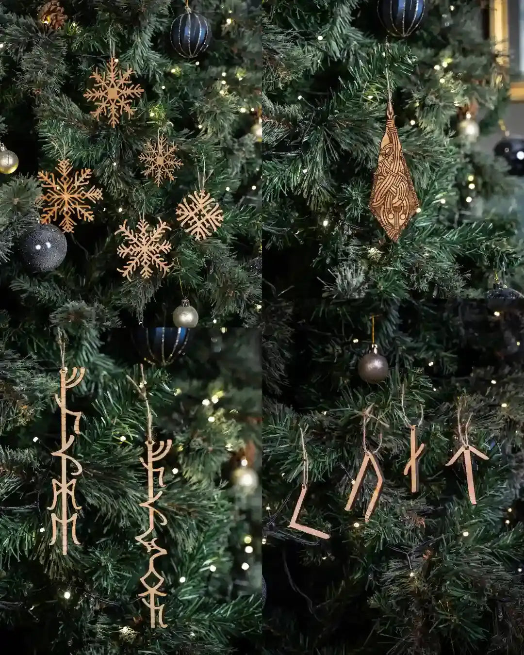 Norse-inspired wooden ornaments: snowflakes, runes, and Viking knotwork on Christmas tree