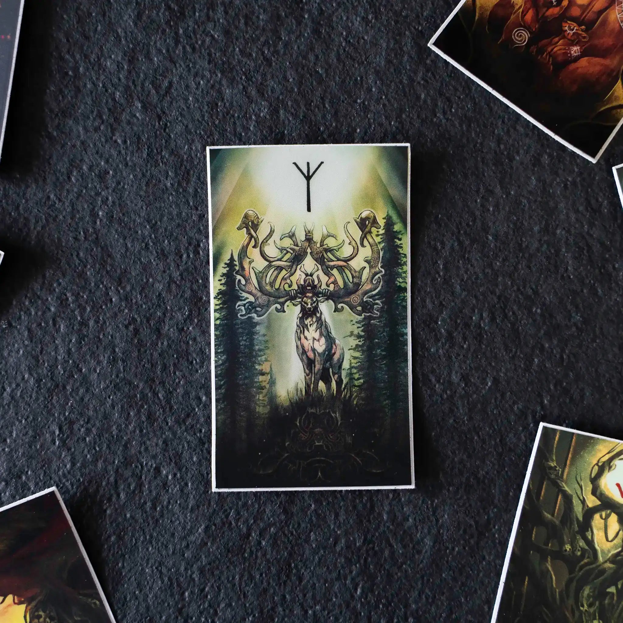 Norse-inspired card with Viking stag, runes, and forest design for tattoo art and collectibles