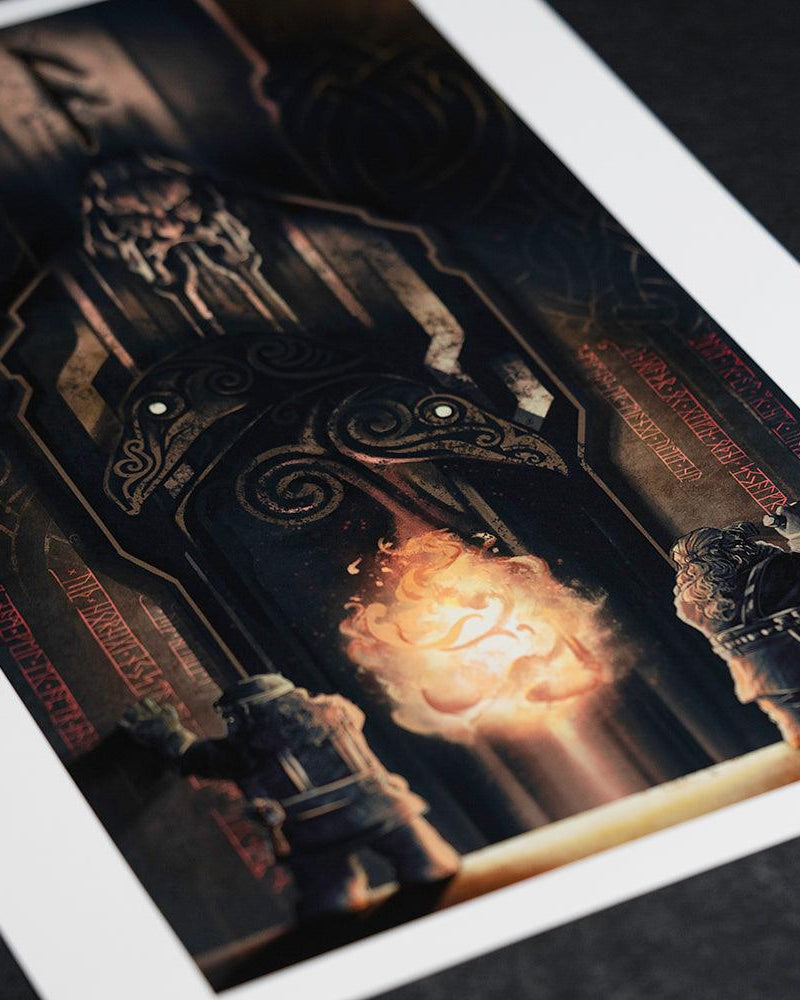 Viking art print with Norse runes, ravens, and warriors around mystical fire, inspired by ancient artifacts