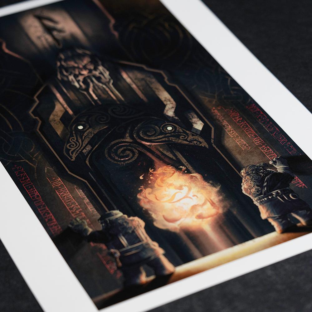 Viking art print with Norse runes, ravens, and warriors around mystical fire, inspired by ancient artifacts