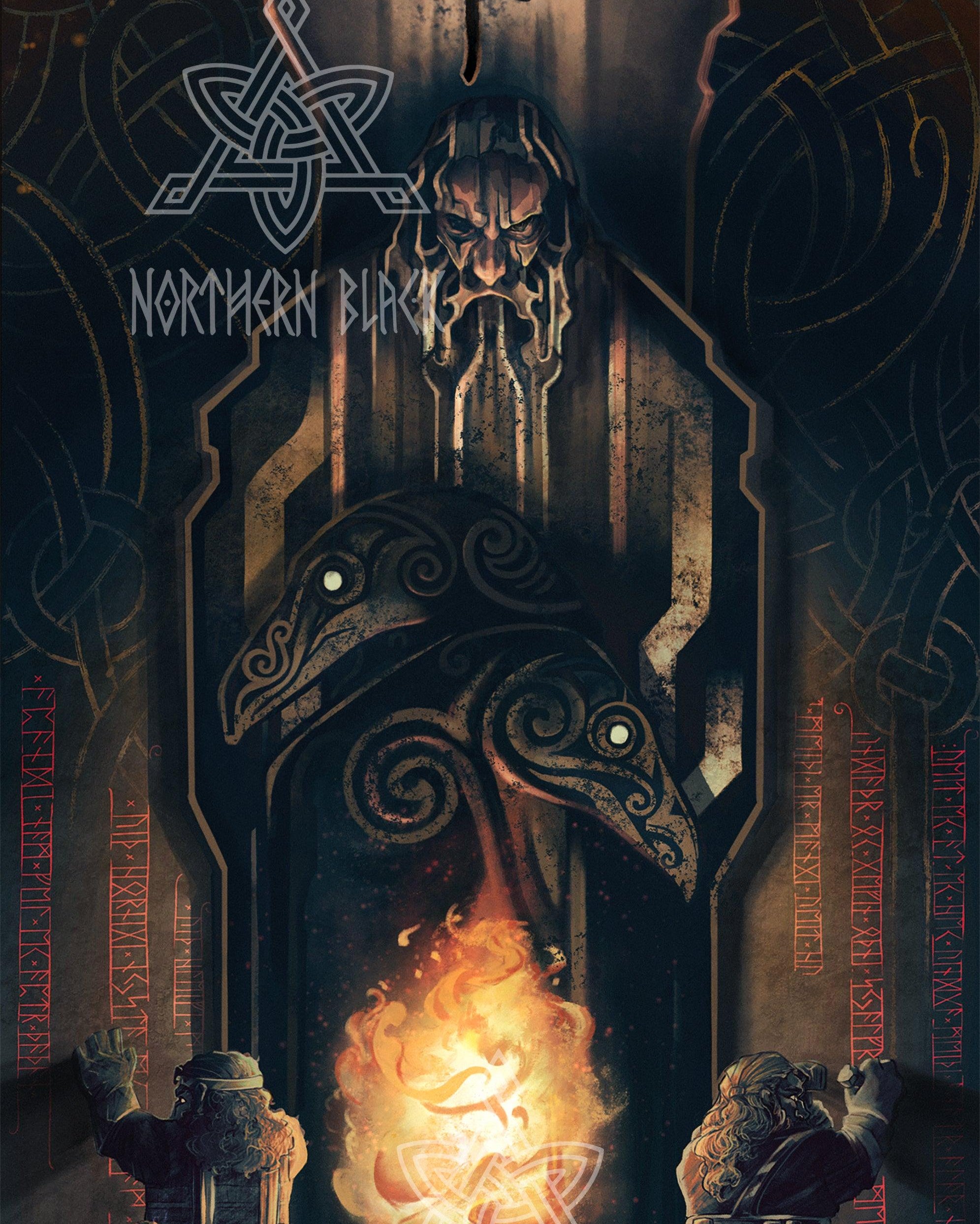 Viking rune stone with Odin, ravens, and warriors in Norse myth art style