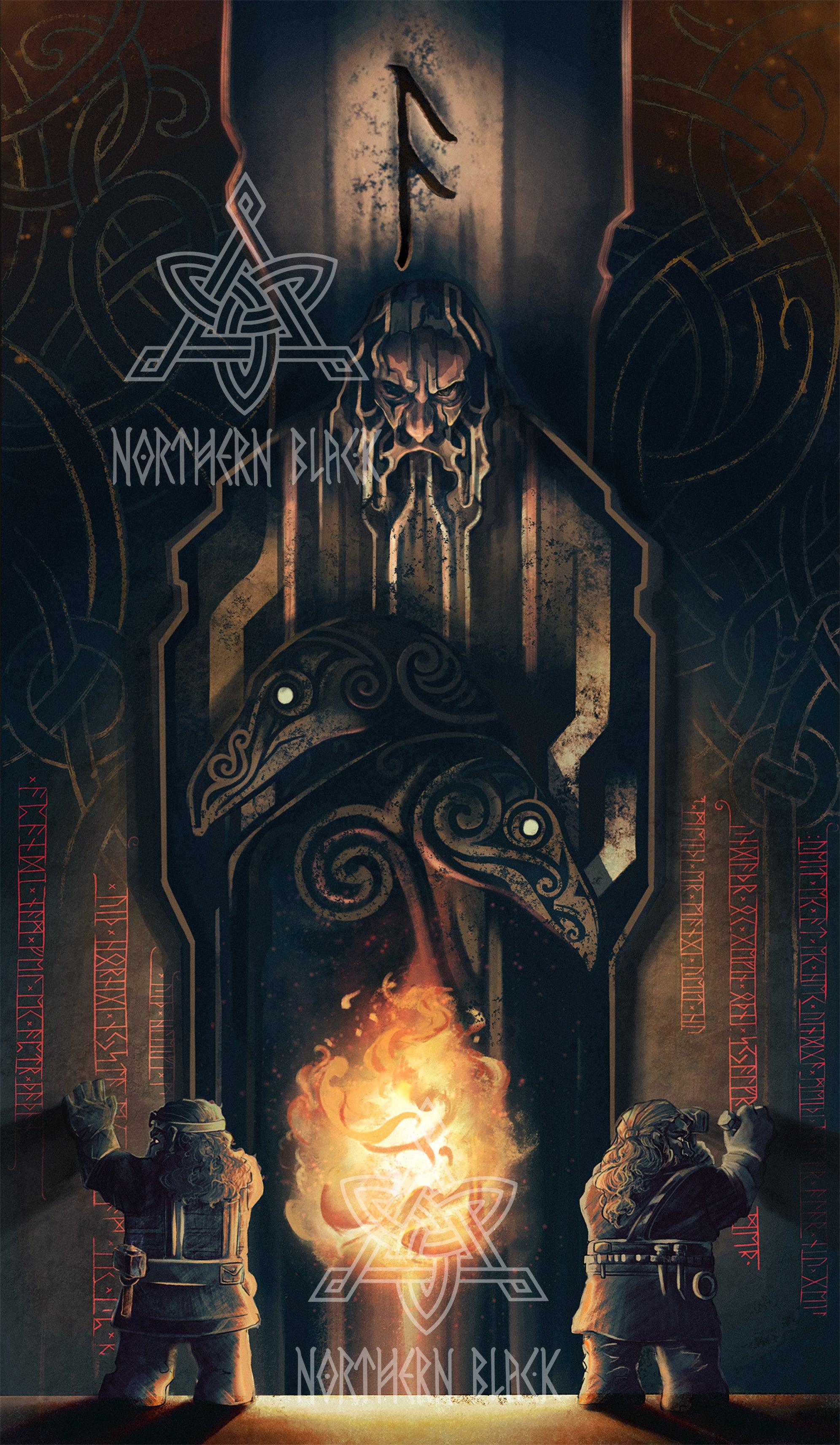 Viking rune stone with Odin, ravens, and warriors in Norse myth art style