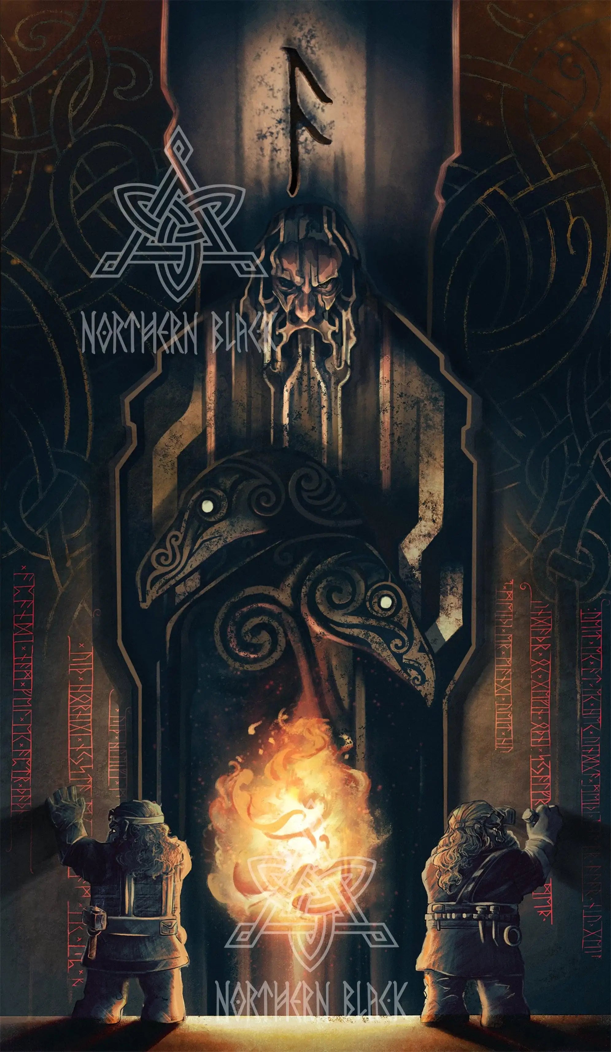Viking rune stone with Odin, ravens, and warriors in Norse myth art style