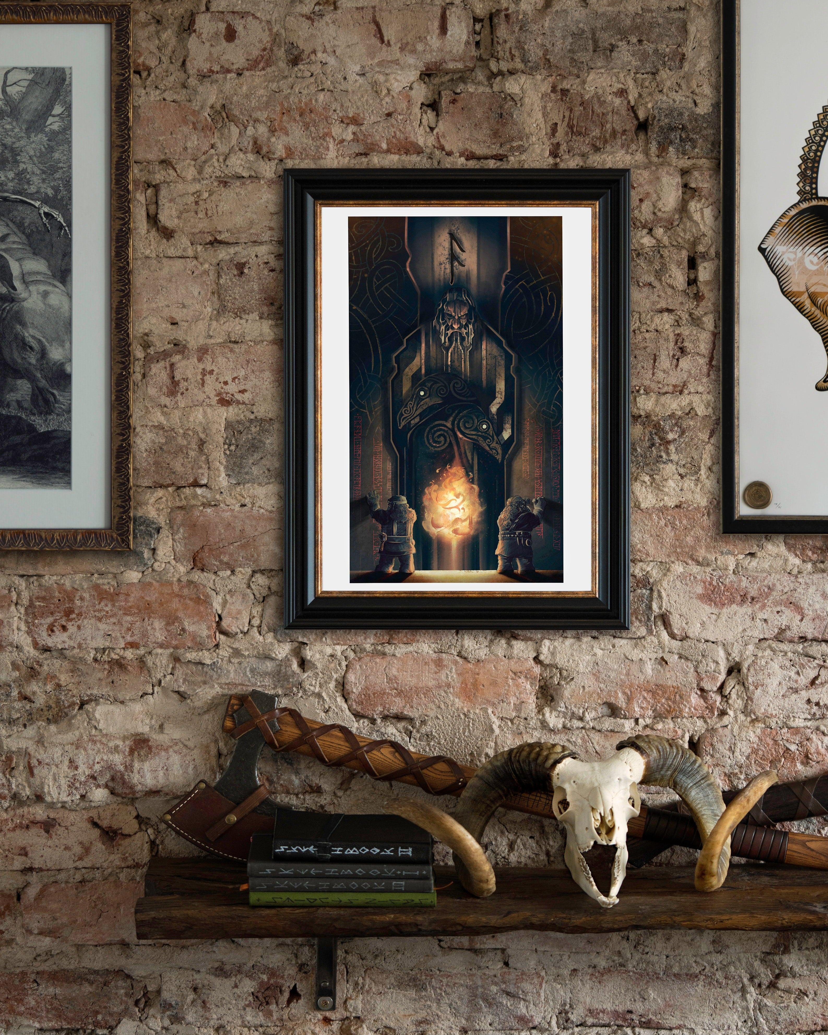 Framed Norse myth art print with Odin, runes, and Viking warriors, displayed on rustic brick wall with axe and ram skull decor.