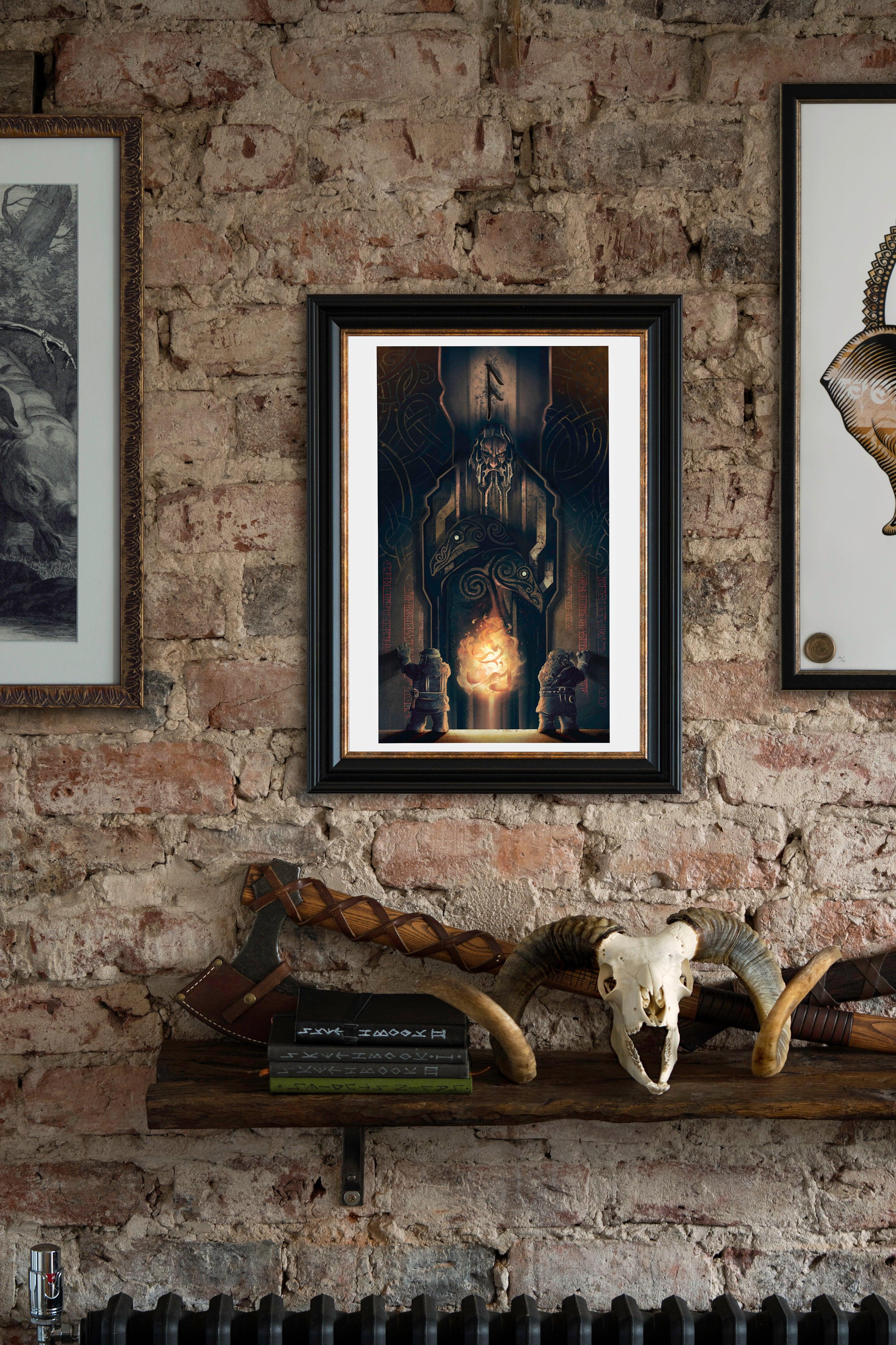 Framed Norse myth art print with Odin, runes, and Viking warriors, displayed on rustic brick wall with axe and ram skull decor.
