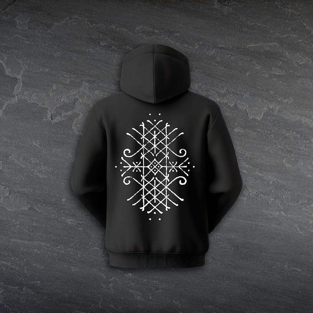 Black hoodie with white Norse rune design, Viking-inspired apparel