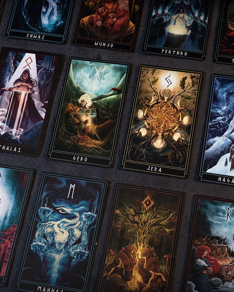 Norse rune tarot cards with Viking art, mythic scenes, and runic symbols for divination and decor