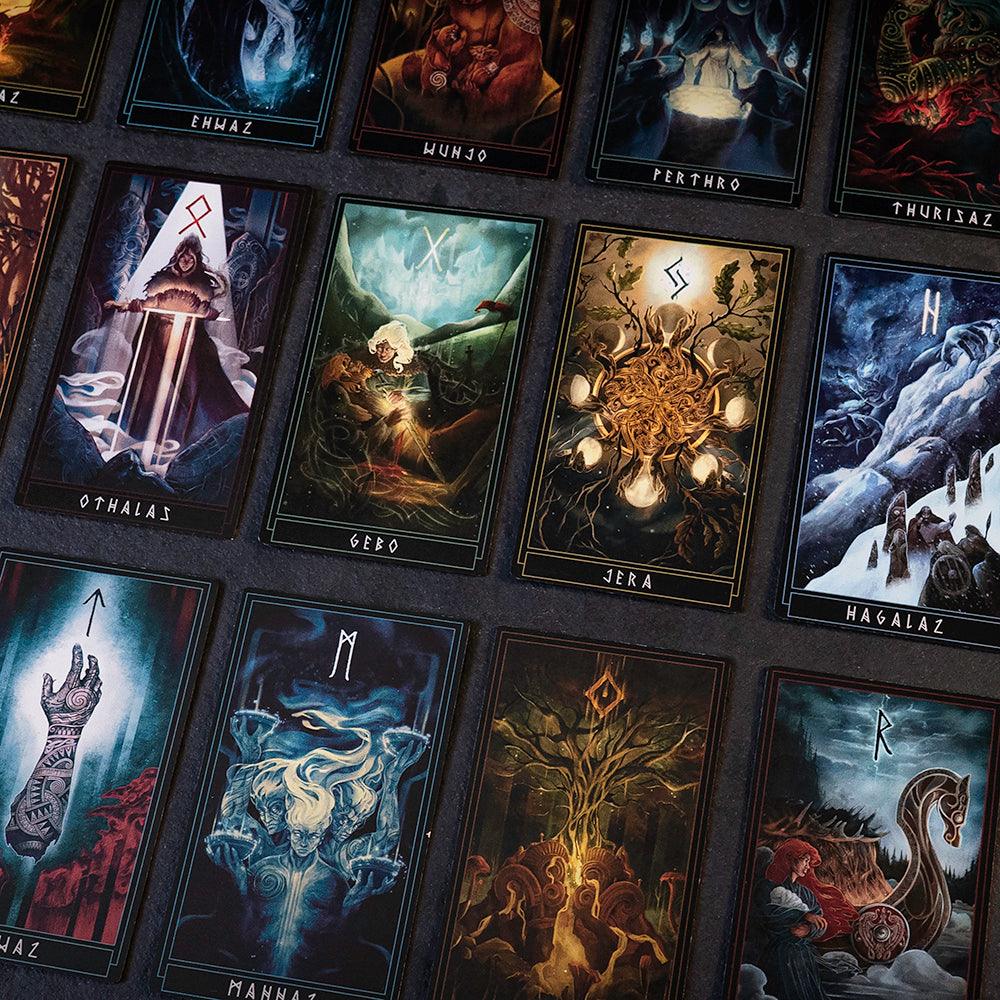 Norse rune tarot cards with Viking art, mythic scenes, and runic symbols for divination and decor