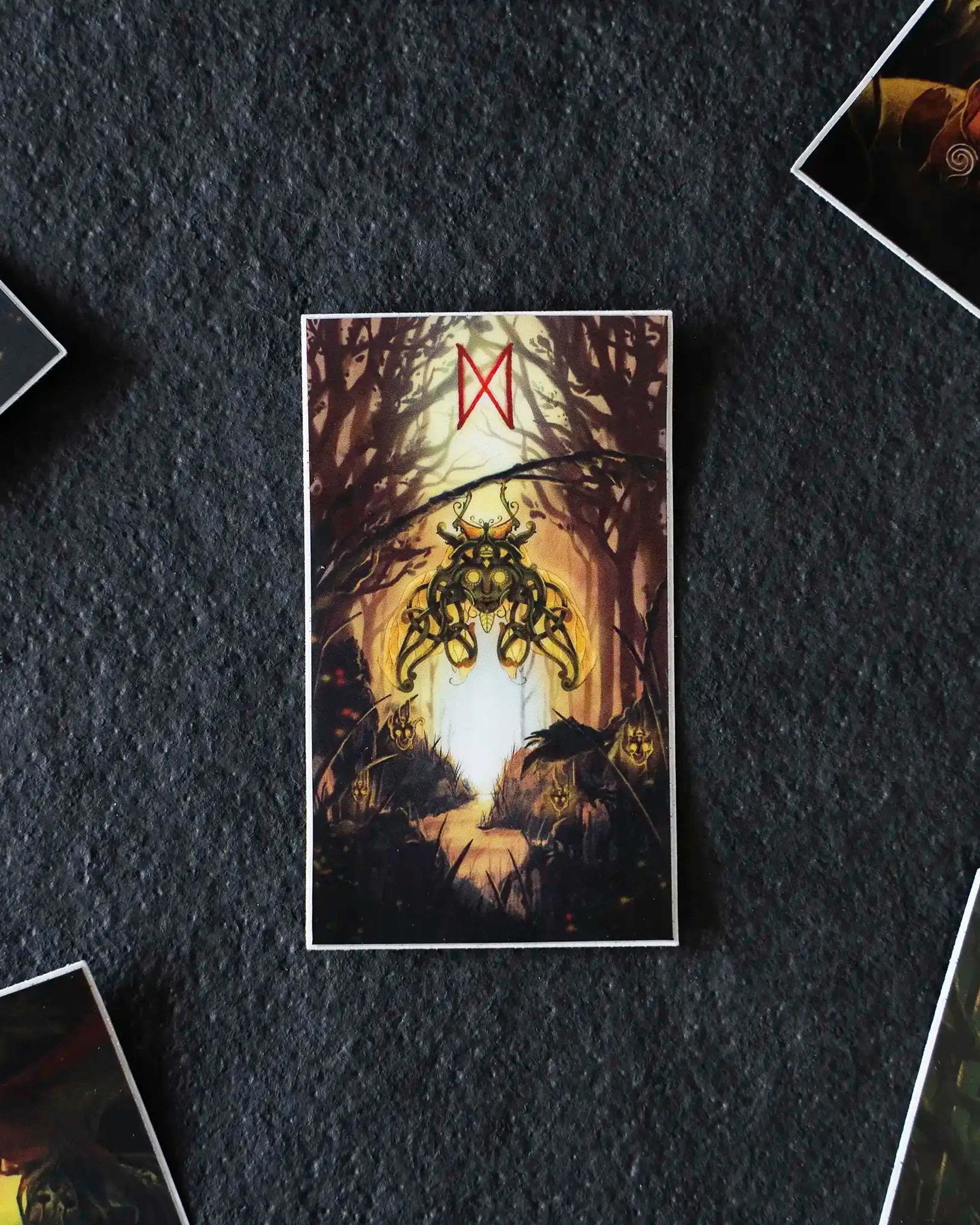Norse-inspired tarot card with Viking rune, forest scene, and mystical creature design