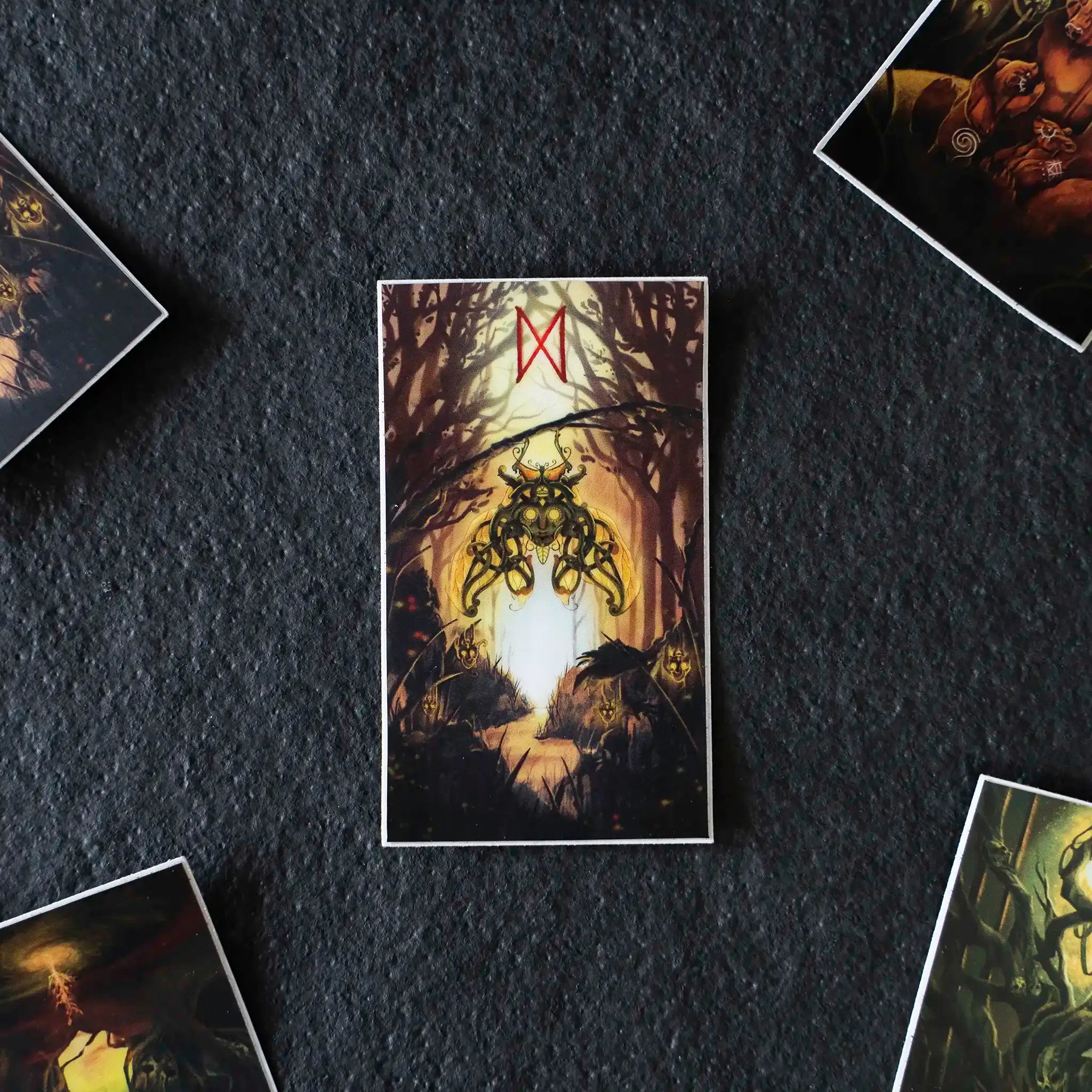 Norse-inspired tarot card with Viking rune, forest scene, and mystical creature design