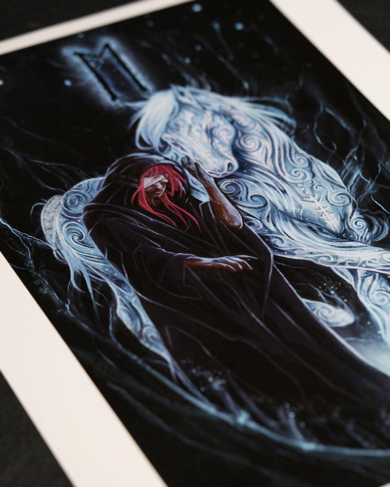 Viking art print with red-haired figure and mystical white horse, Norse-inspired design