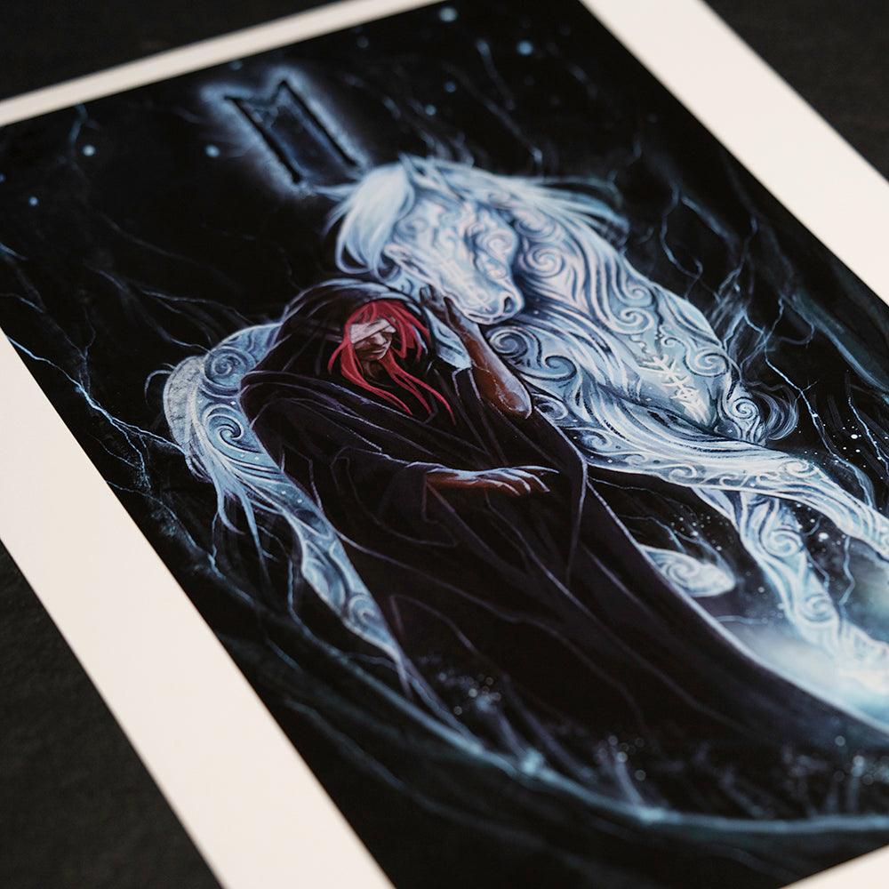 Viking art print with red-haired figure and mystical white horse, Norse-inspired design