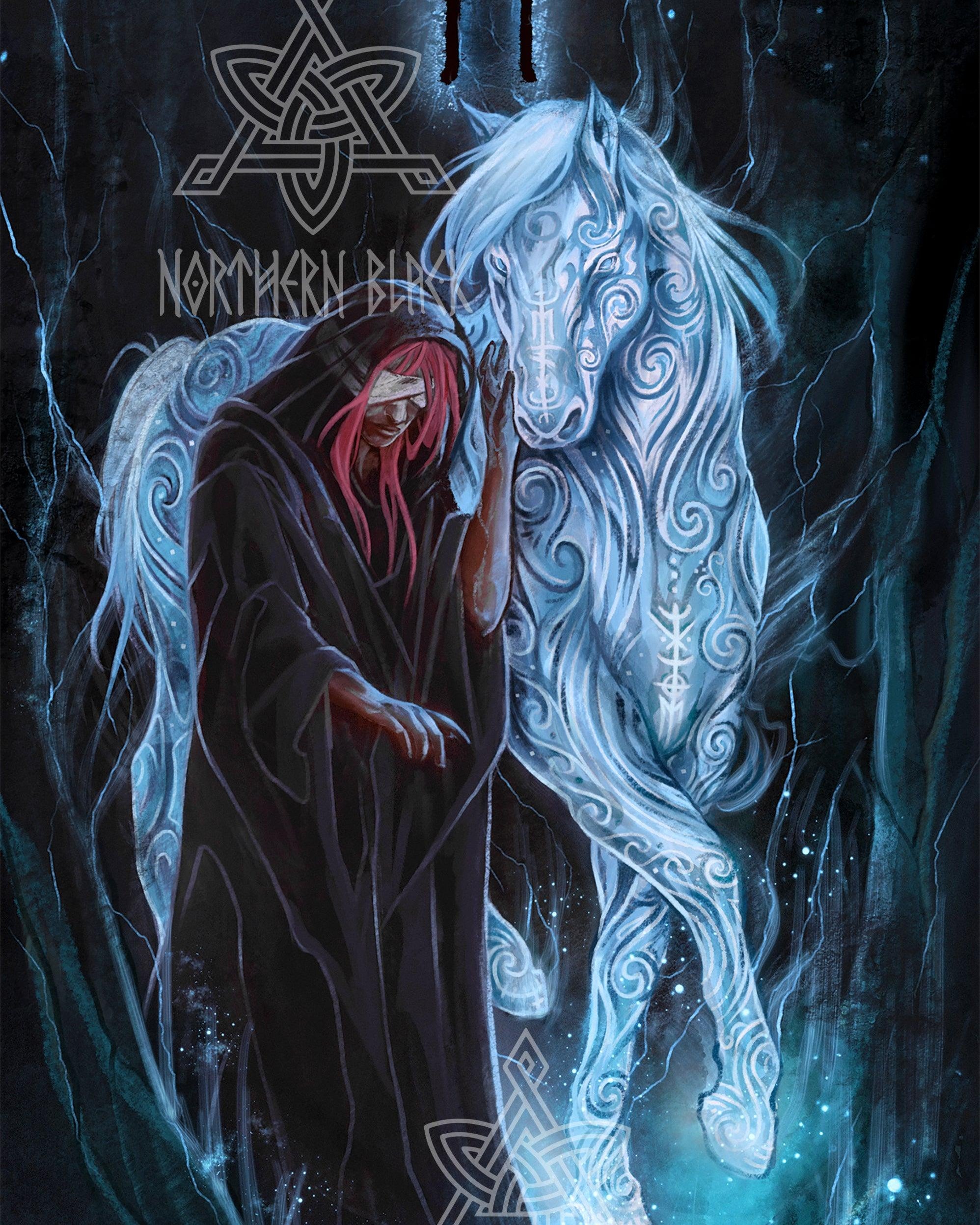 Mystical Norse warrior with red hair and glowing white horse adorned with Viking runes in a dark, starry forest.