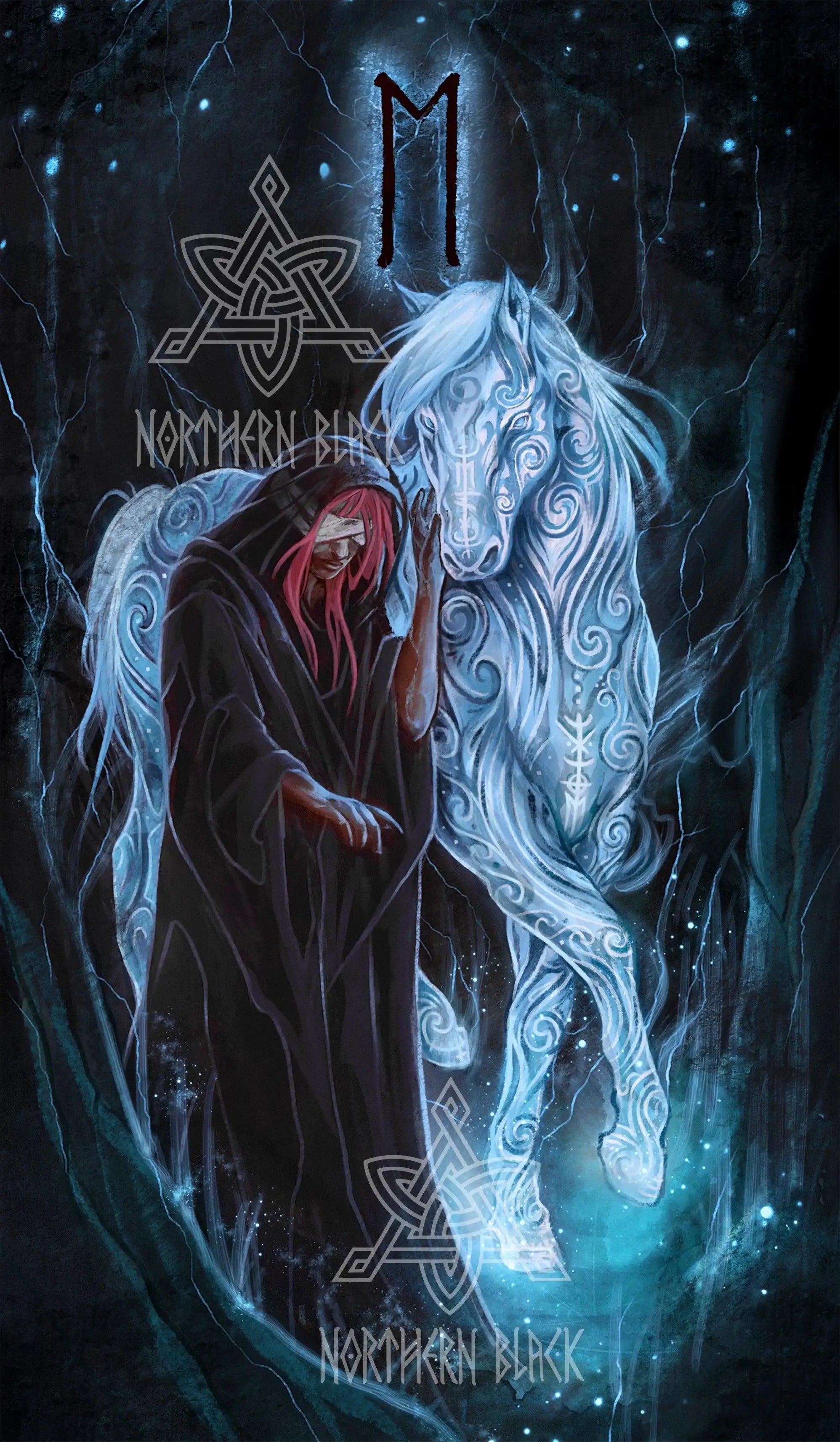 Mystical Norse warrior with red hair and glowing white horse adorned with Viking runes in a dark, starry forest.