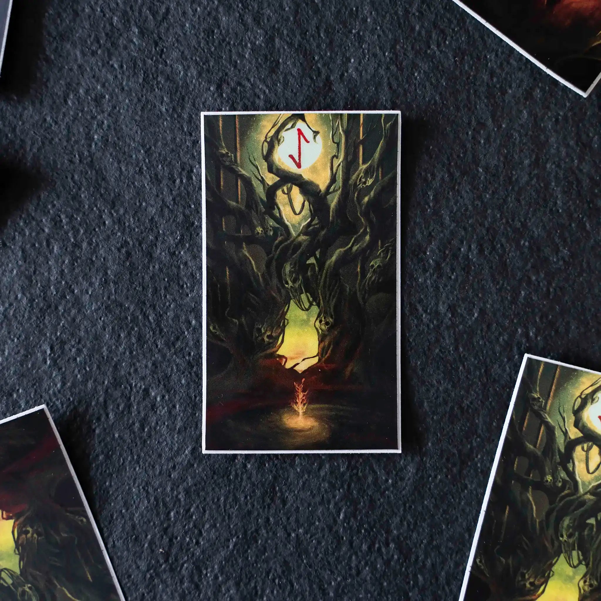 Norse-inspired art card with twisted tree, glowing moon, and red rune symbol, evoking Viking mythology