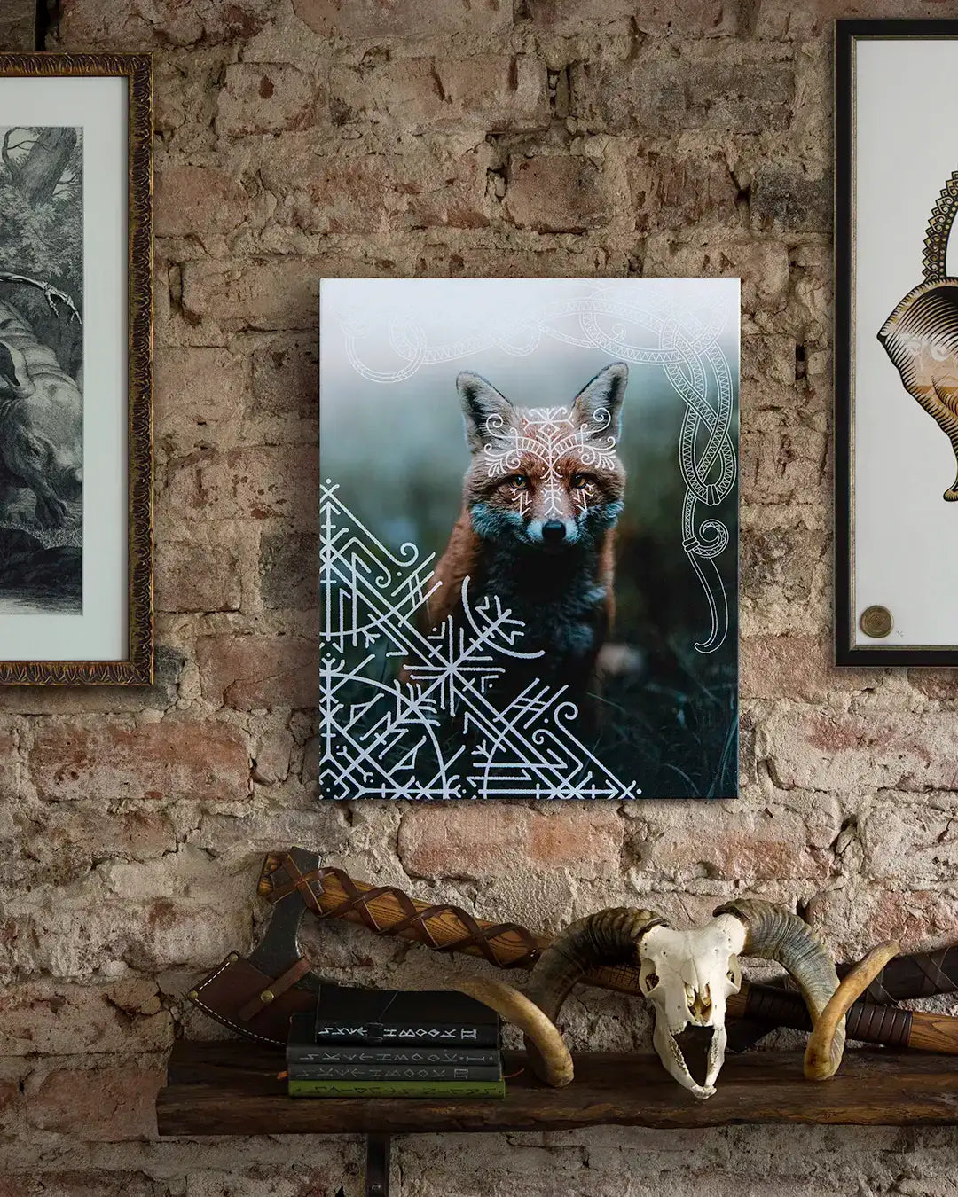 Viking fox art print with Norse runes and Celtic knots, displayed on brick wall with axe and ram skull decor