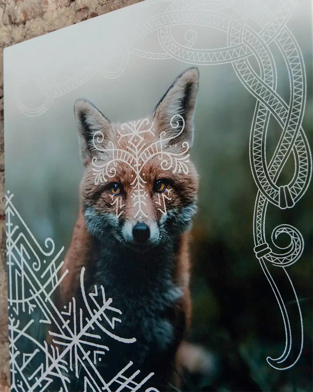 Viking-inspired fox art with Norse knotwork and rune patterns, perfect for tattoo designs or wall decor