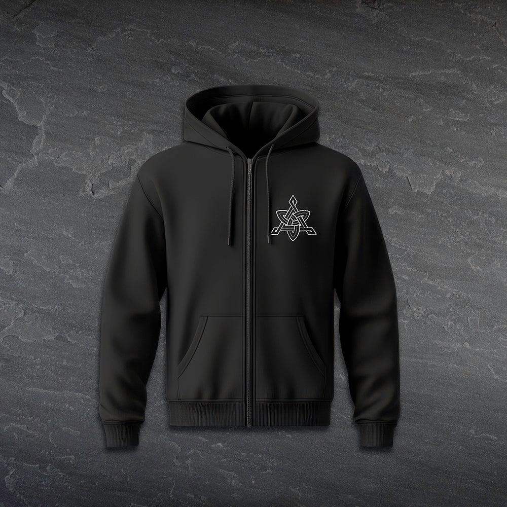 Black zip-up hoodie with Norse knotwork design, inspired by Viking tattoos and runes