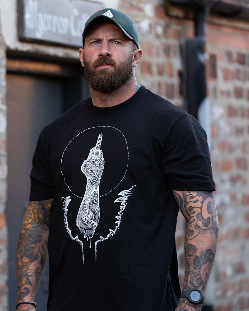 black shirt with a hand of tyr as the illustration, the middle finger is distinctive