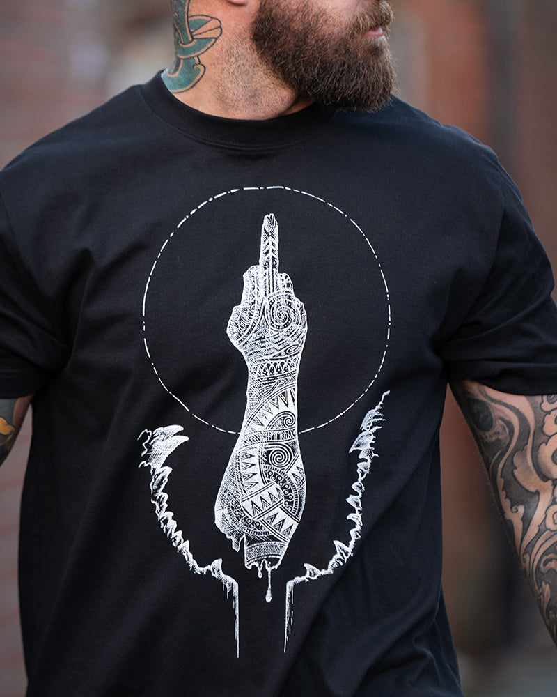 black shirt with a hand of tyr as the illustration, the middle finger is distinctive