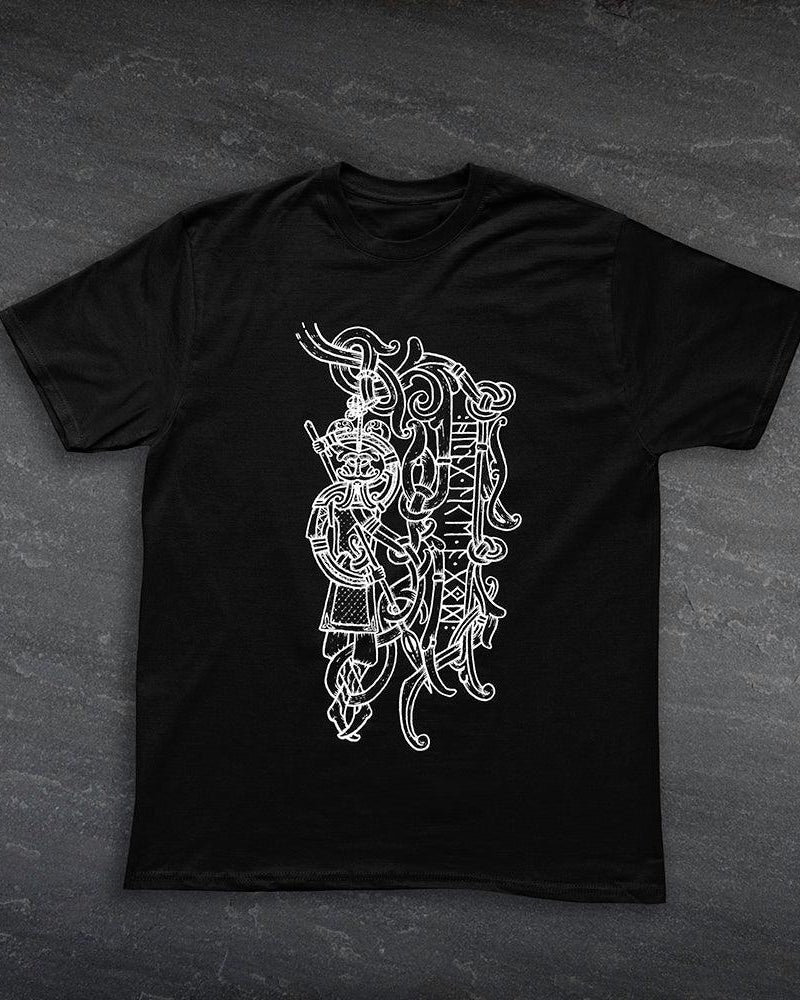 Black t-shirt with white Viking warrior and Norse knotwork design, inspired by authentic Norse art