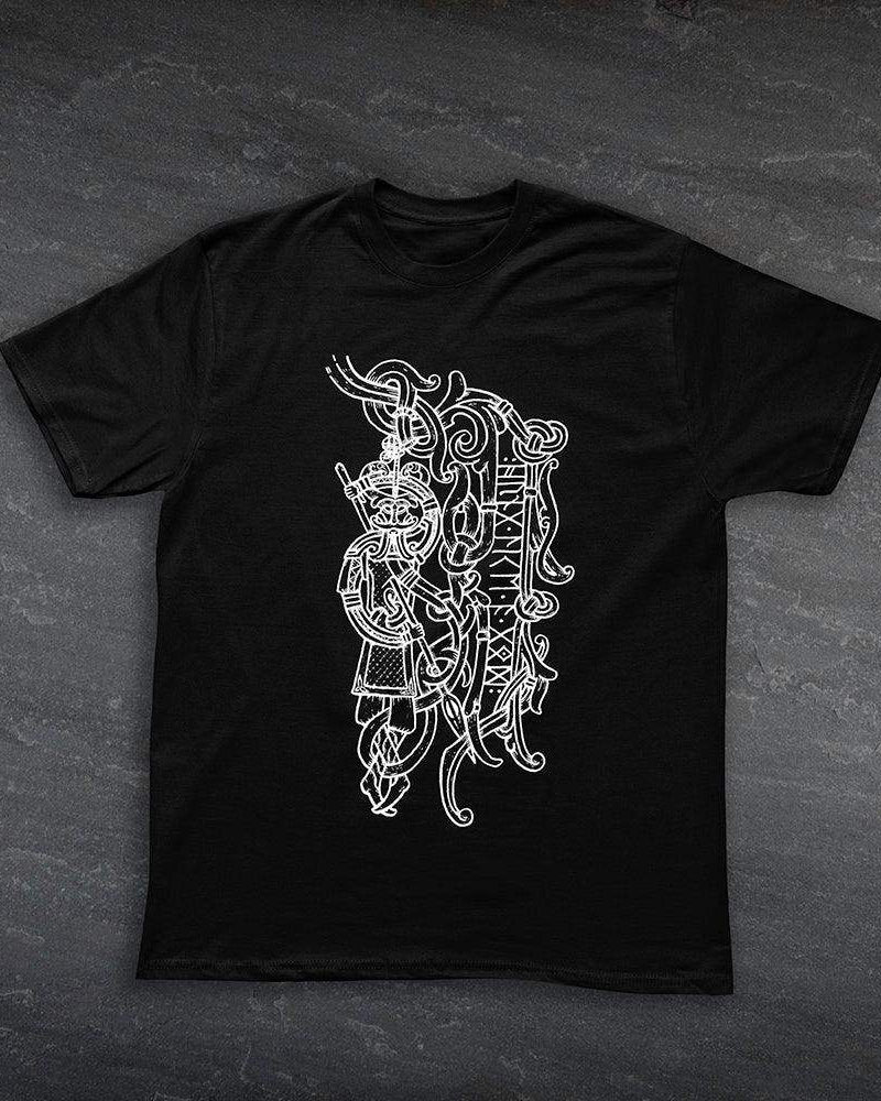 Black t-shirt with white Viking warrior and Norse knotwork design, inspired by authentic Norse art