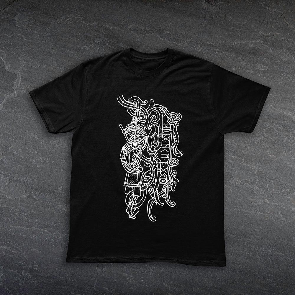 Black t-shirt with white Viking warrior and Norse knotwork design, inspired by authentic Norse art