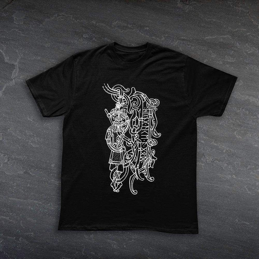 Black t-shirt with white Viking warrior and Norse knotwork design, inspired by authentic Norse art
