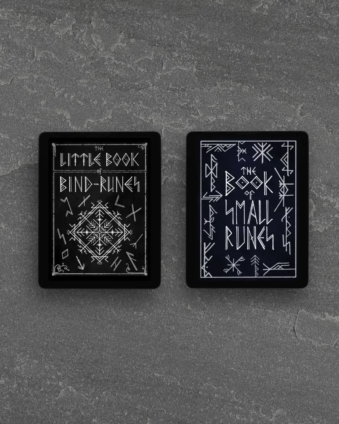 Two Norse rune books: 'The Little Book of Bind-Runes' and 'The Book of Small Runes' with white symbols on dark covers.