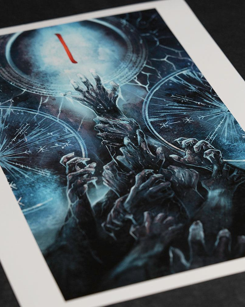 Dark Norse-inspired artwork with ghostly hands and mystical runes under a glowing moon.