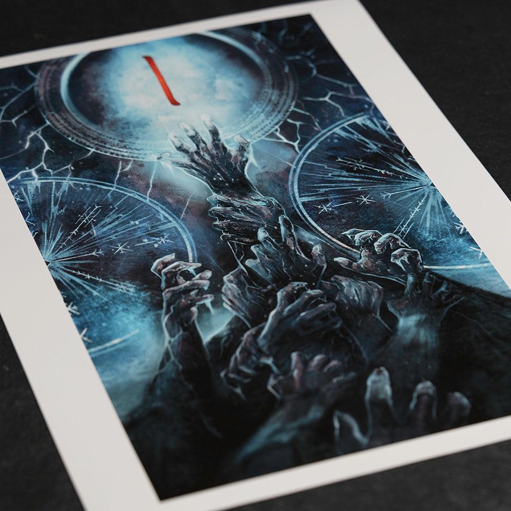 Dark Norse-inspired artwork with ghostly hands and mystical runes under a glowing moon.