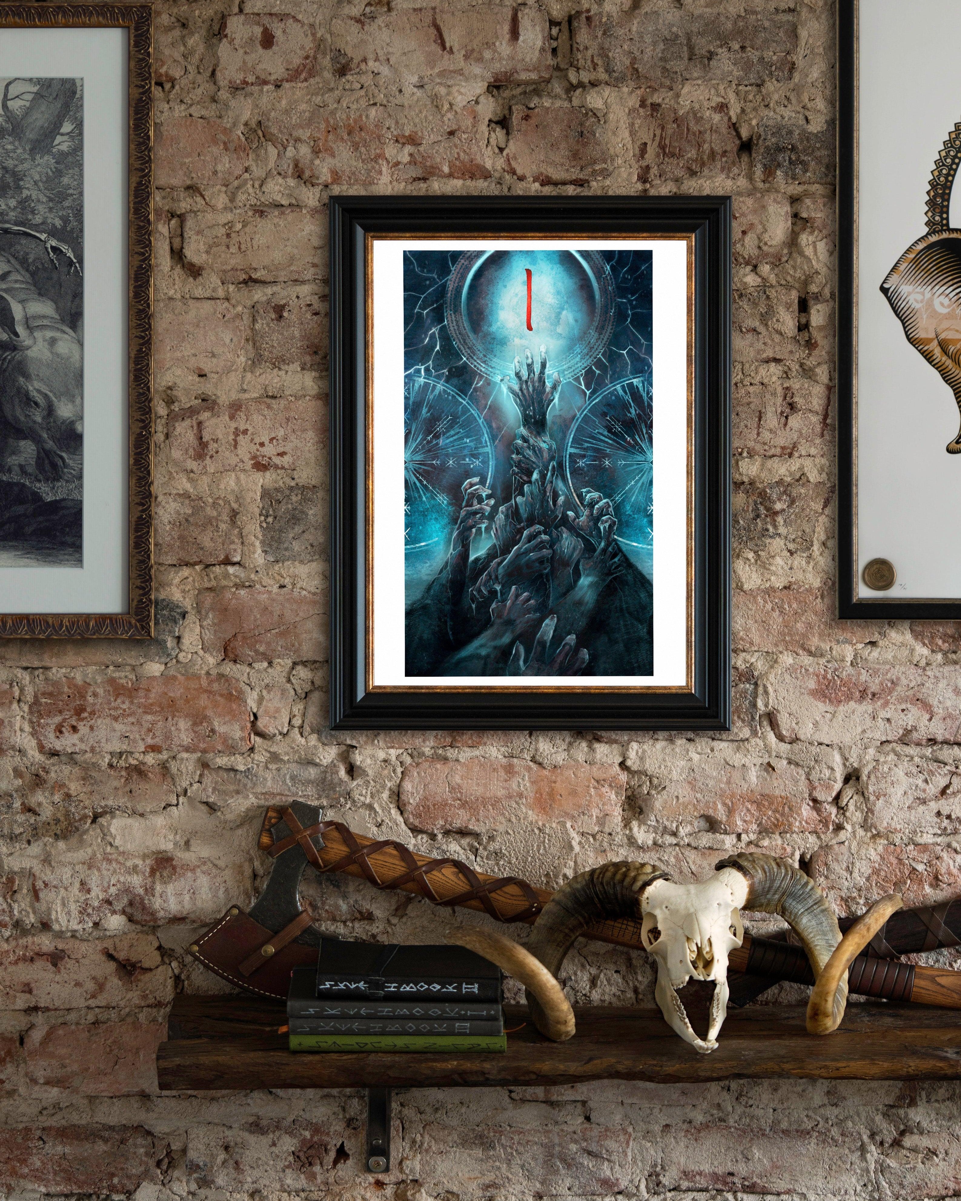 Framed Norse myth art with reaching hands, moon, runes, and Viking axe on rustic brick wall