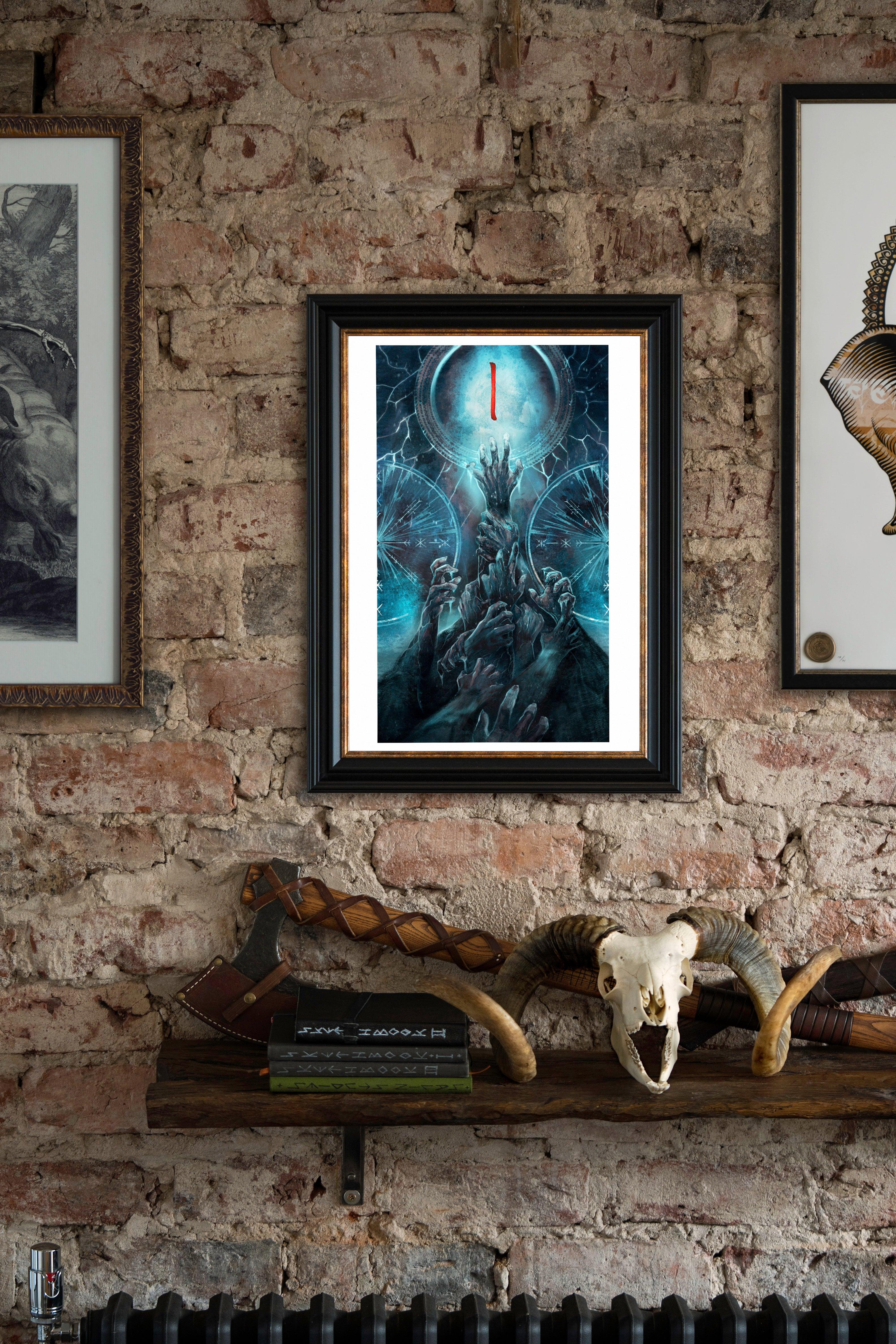 Framed Norse myth art with reaching hands, moon, runes, and Viking axe on rustic brick wall