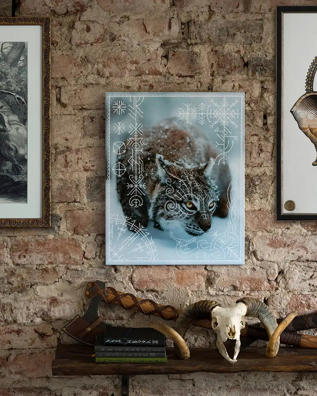 Viking-inspired lynx art print with Norse runes and snowflake patterns, displayed on brick wall with rustic decor
