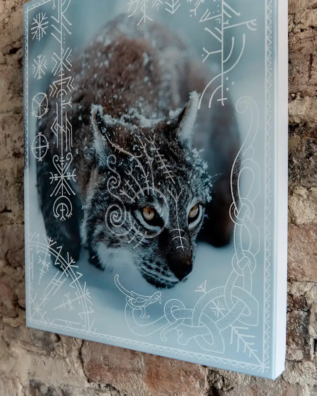 Snowy lynx with Norse runes and Viking knotwork art on canvas, inspired by authentic Norse designs
