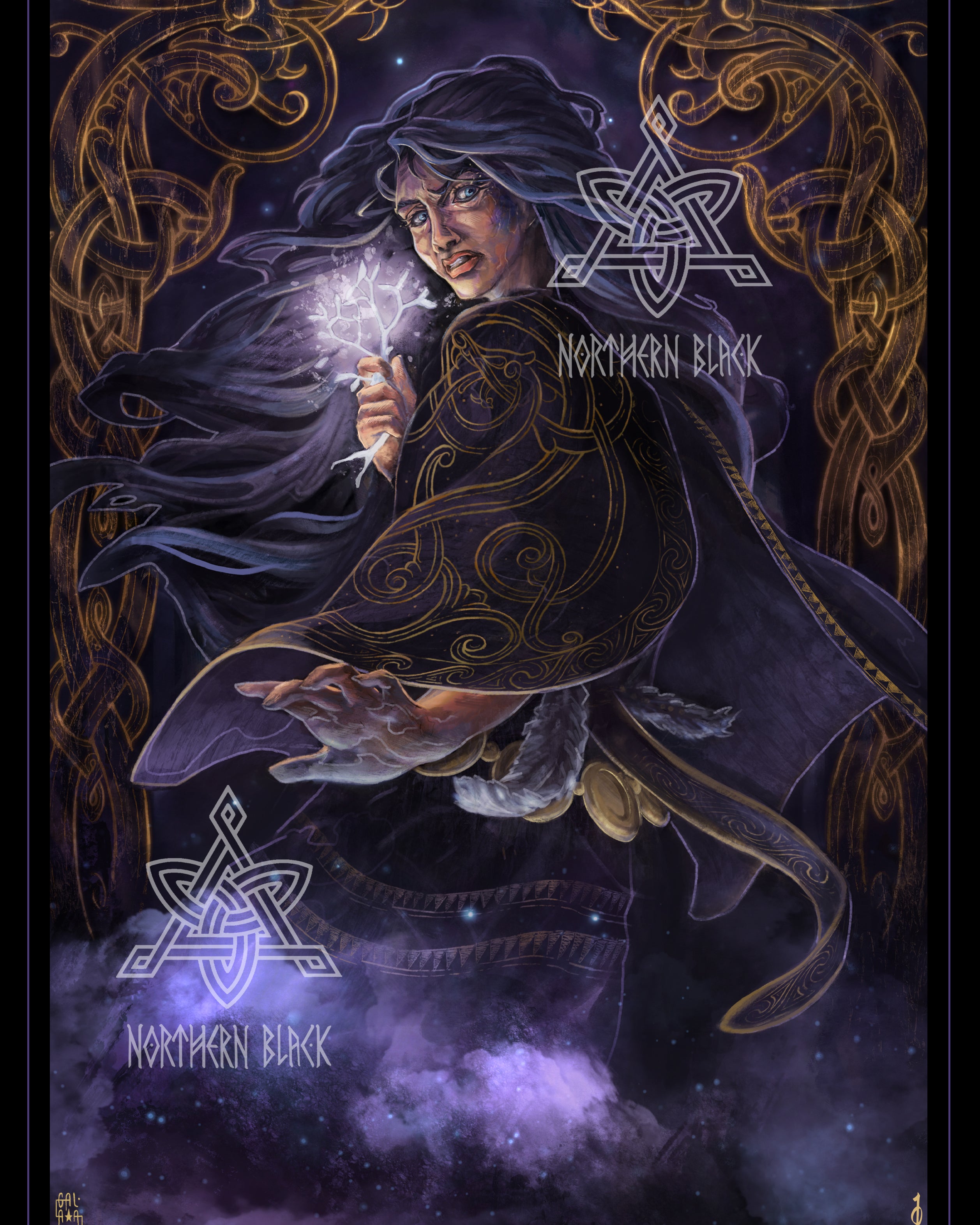 Frigg, turning to the viewer with nordic designs in the background.