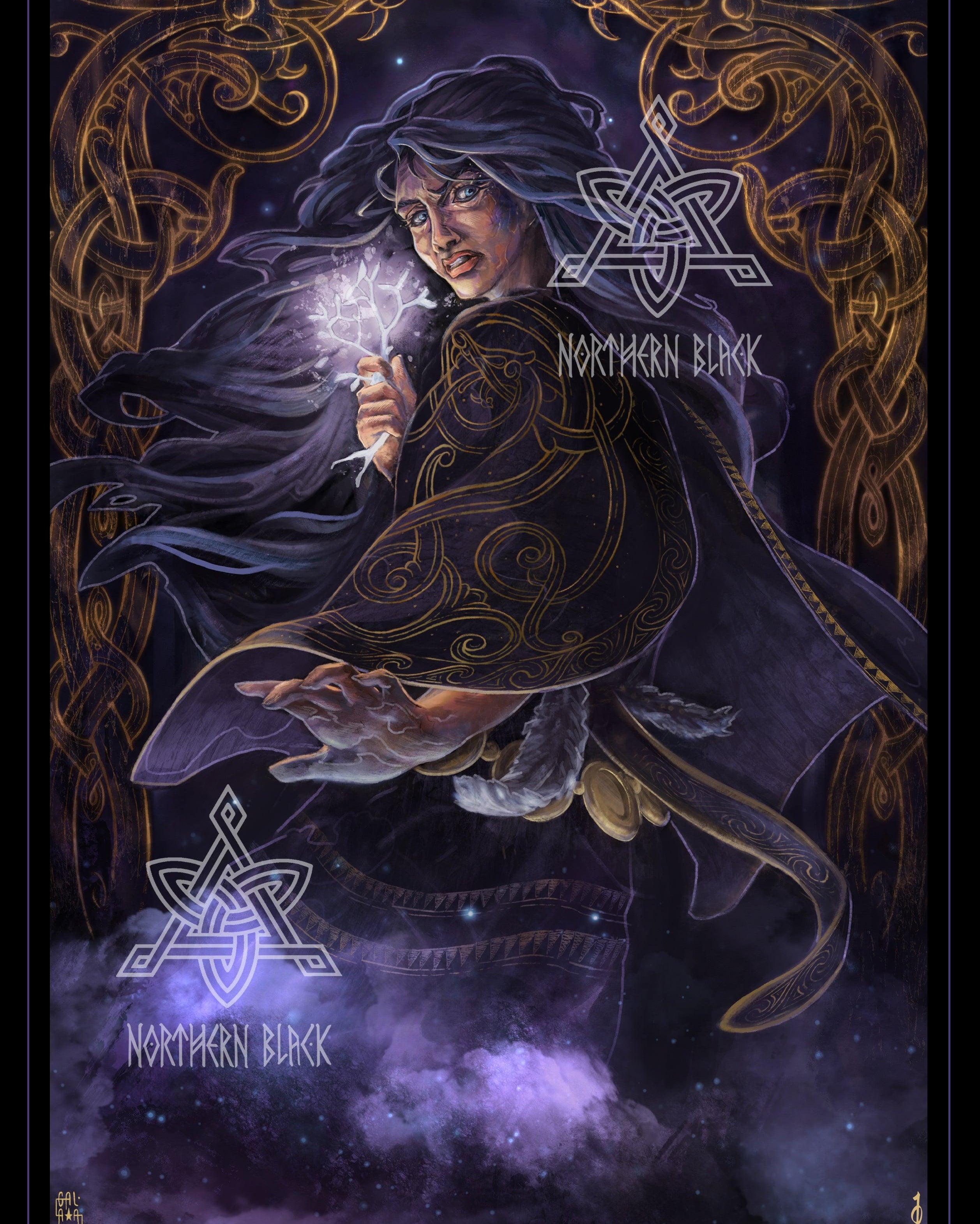 Viking-inspired artwork with Norse runes, mystical woman holding glowing crystal, and Celtic knot designs