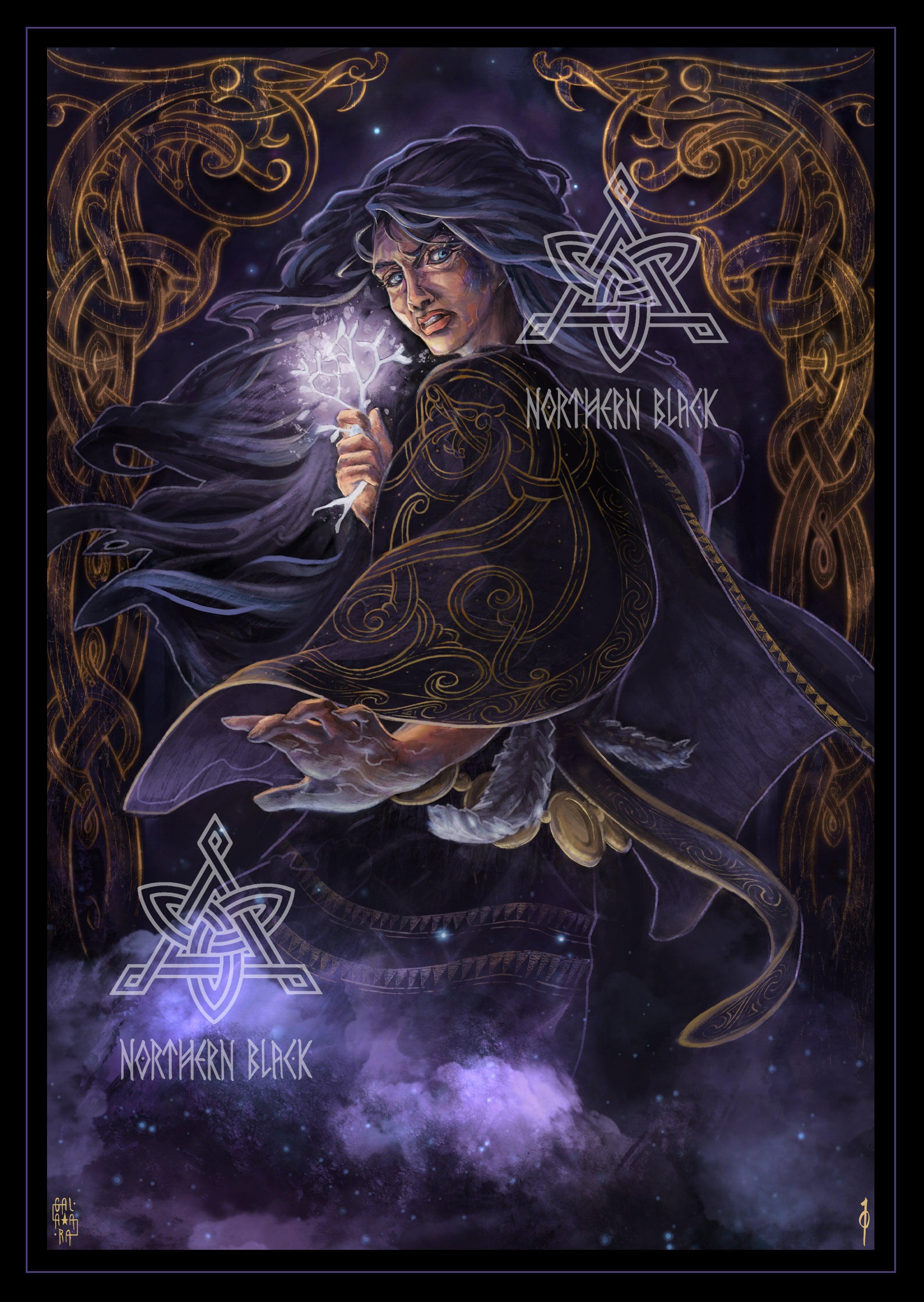 Viking-inspired artwork with Norse runes, mystical woman holding glowing crystal, and Celtic knot designs
