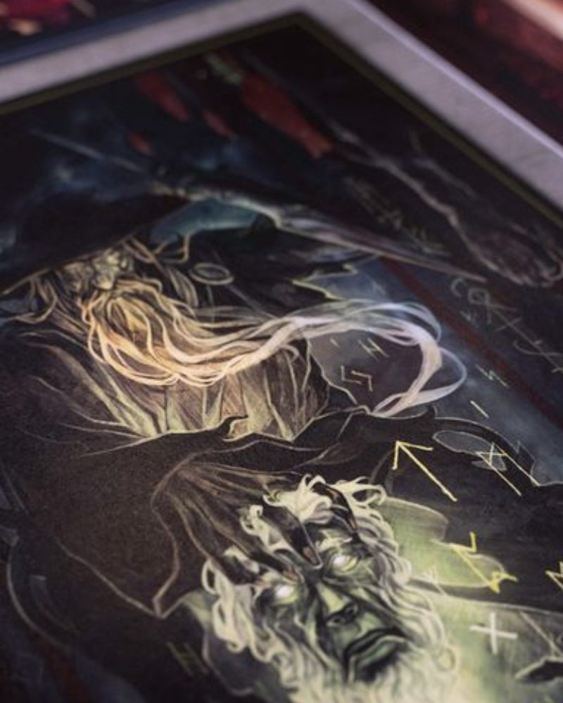 Odin, holding a head surrounded by runes.