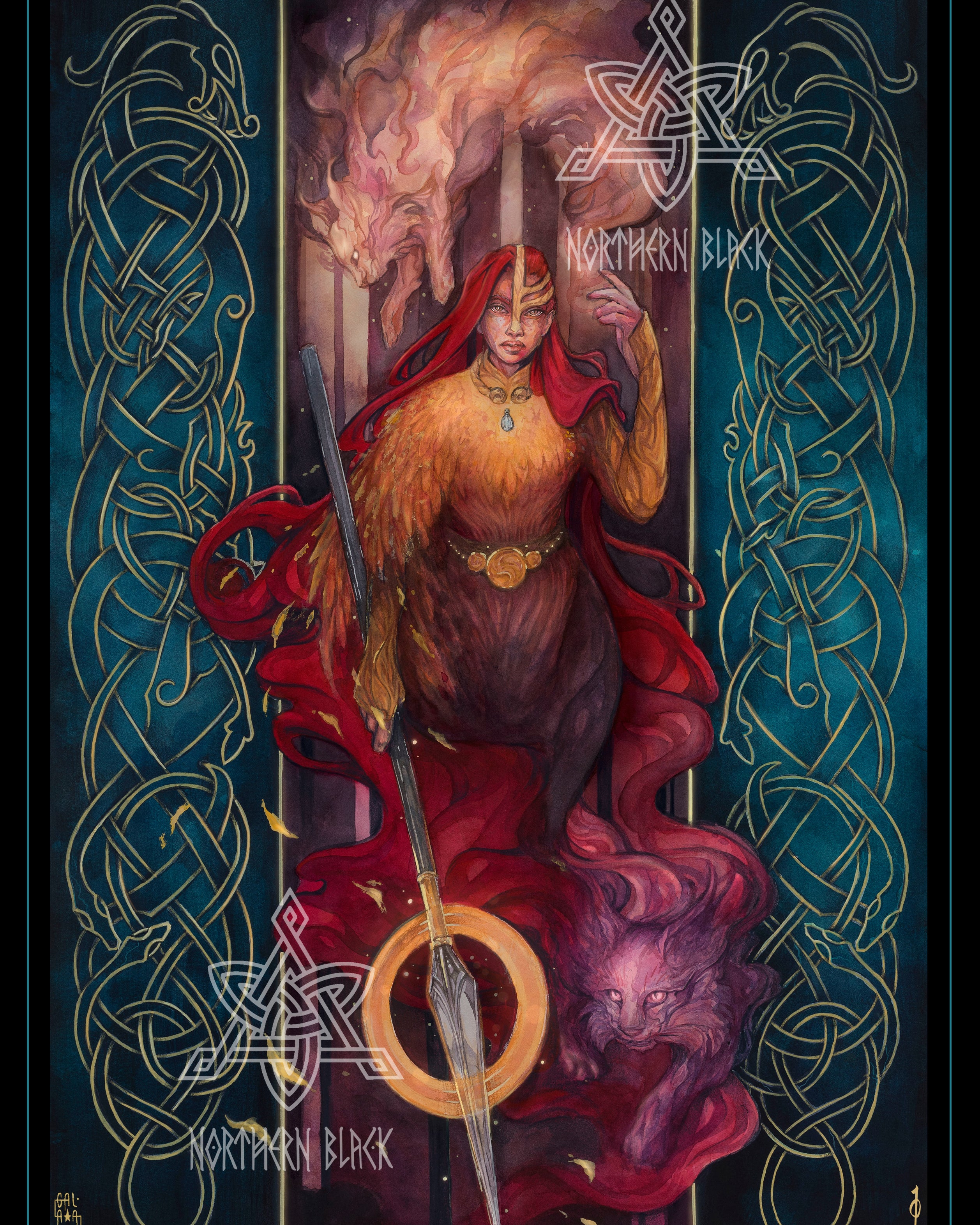 Freya, norse god holding a spear and walking towards the viewer. She is surrounded by two cat like creatures. on both sides of the print there are nordic designs.