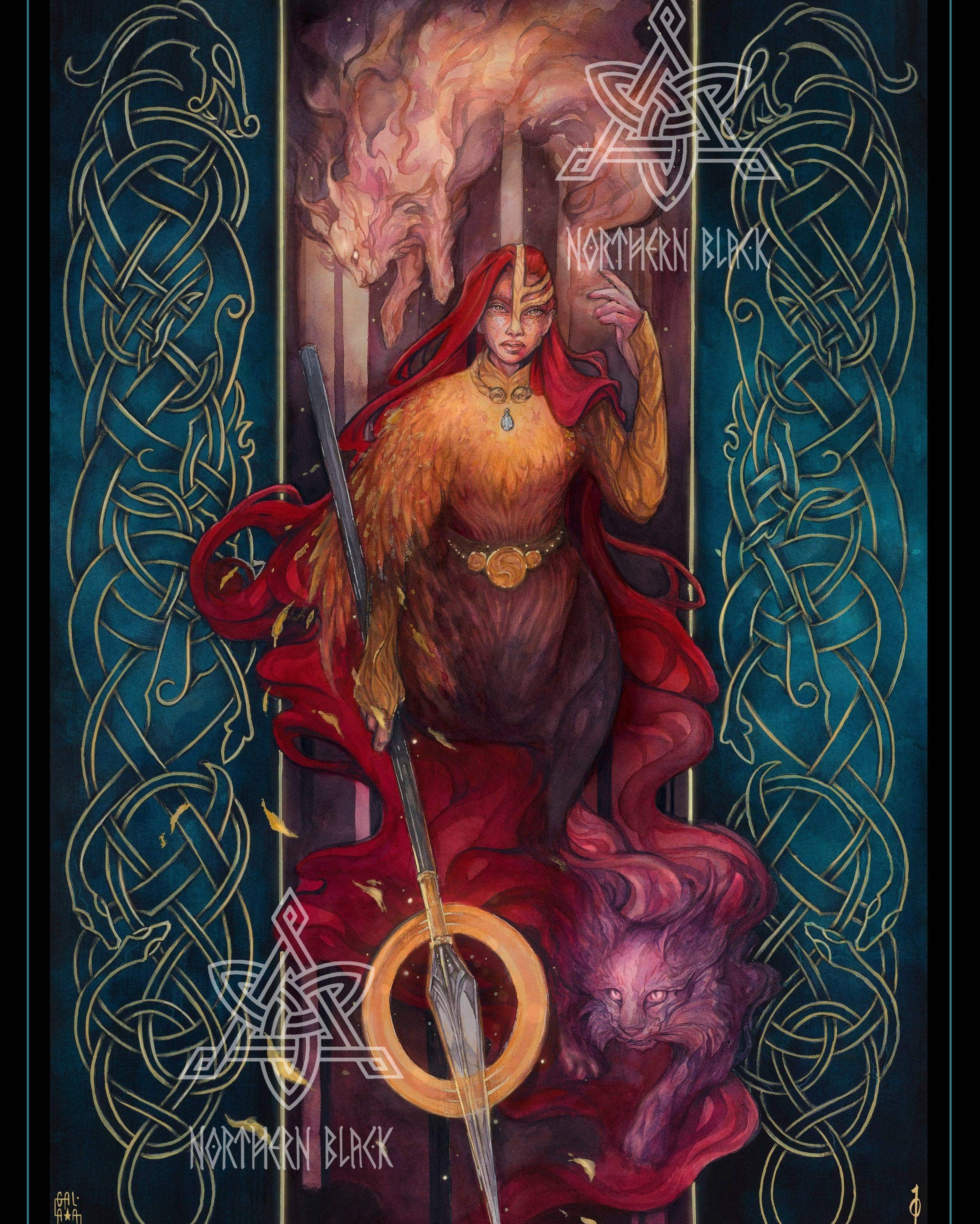 Viking warrior woman with red cloak, spear, and Norse knotwork border, inspired by Norse mythology and runes.
