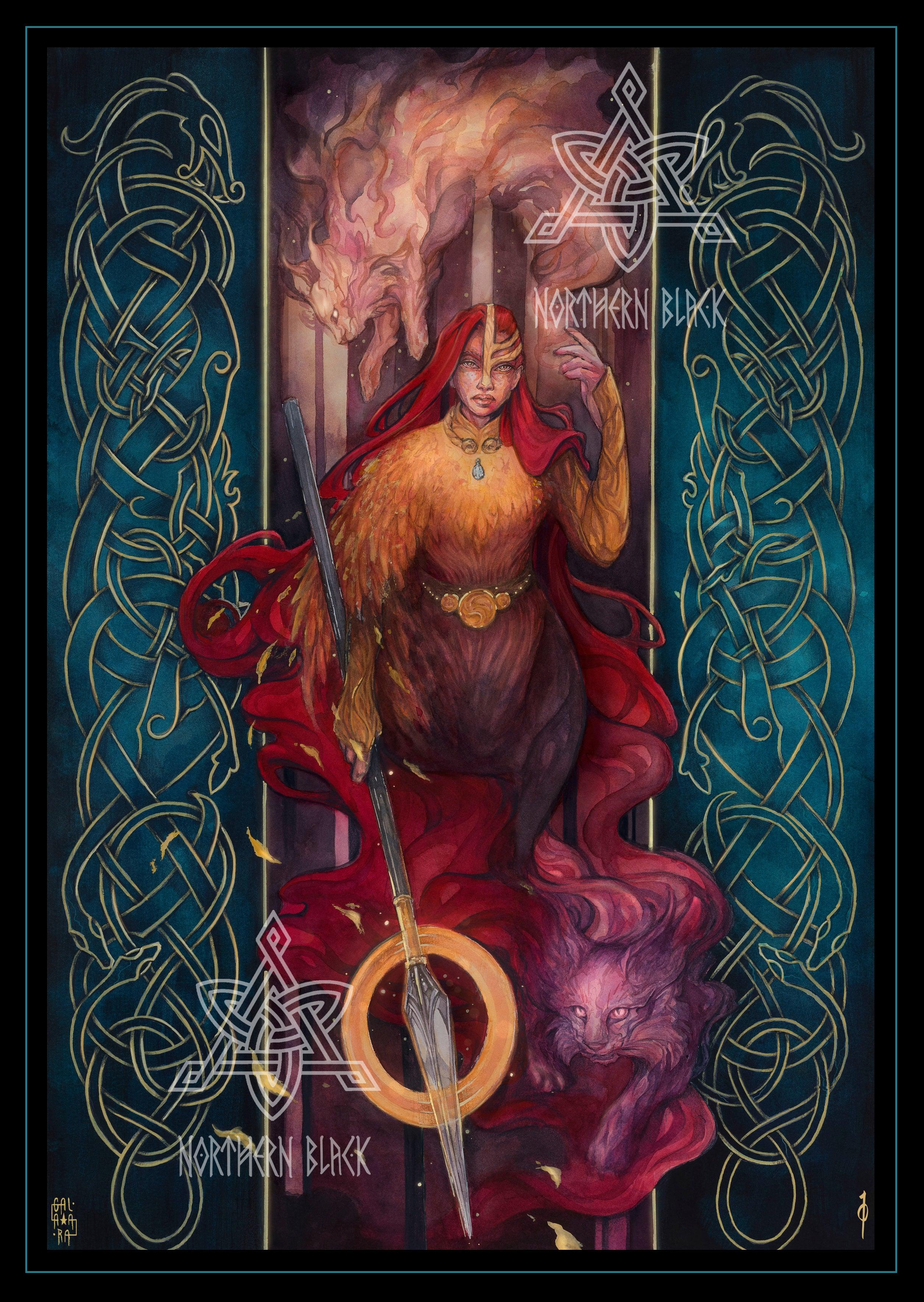 Viking warrior woman with red cloak, spear, and Norse knotwork border, inspired by Norse mythology and runes.