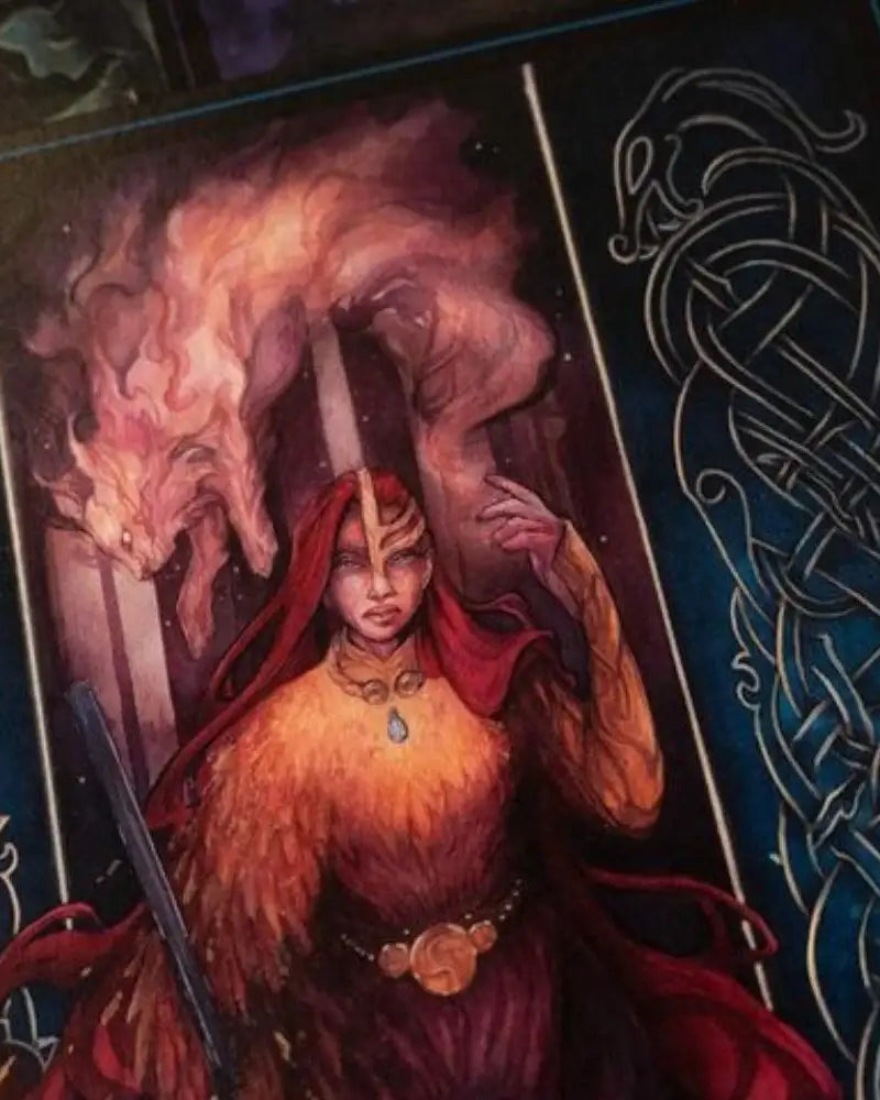 Viking warrior with fiery wolf, Norse runes, and Celtic knot designs