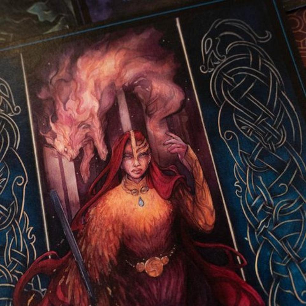 Viking warrior with fiery wolf, Norse runes, and Celtic knot designs