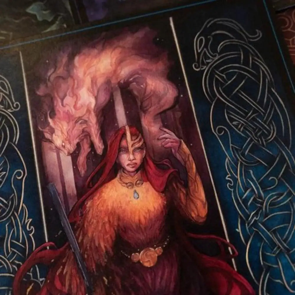 Viking warrior with fiery wolf, Norse runes, and Celtic knot designs