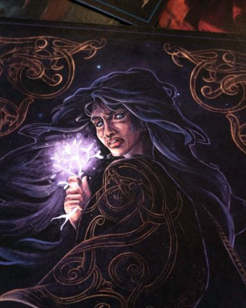 Frigg, turning to the viewer with nordic designs in the background.