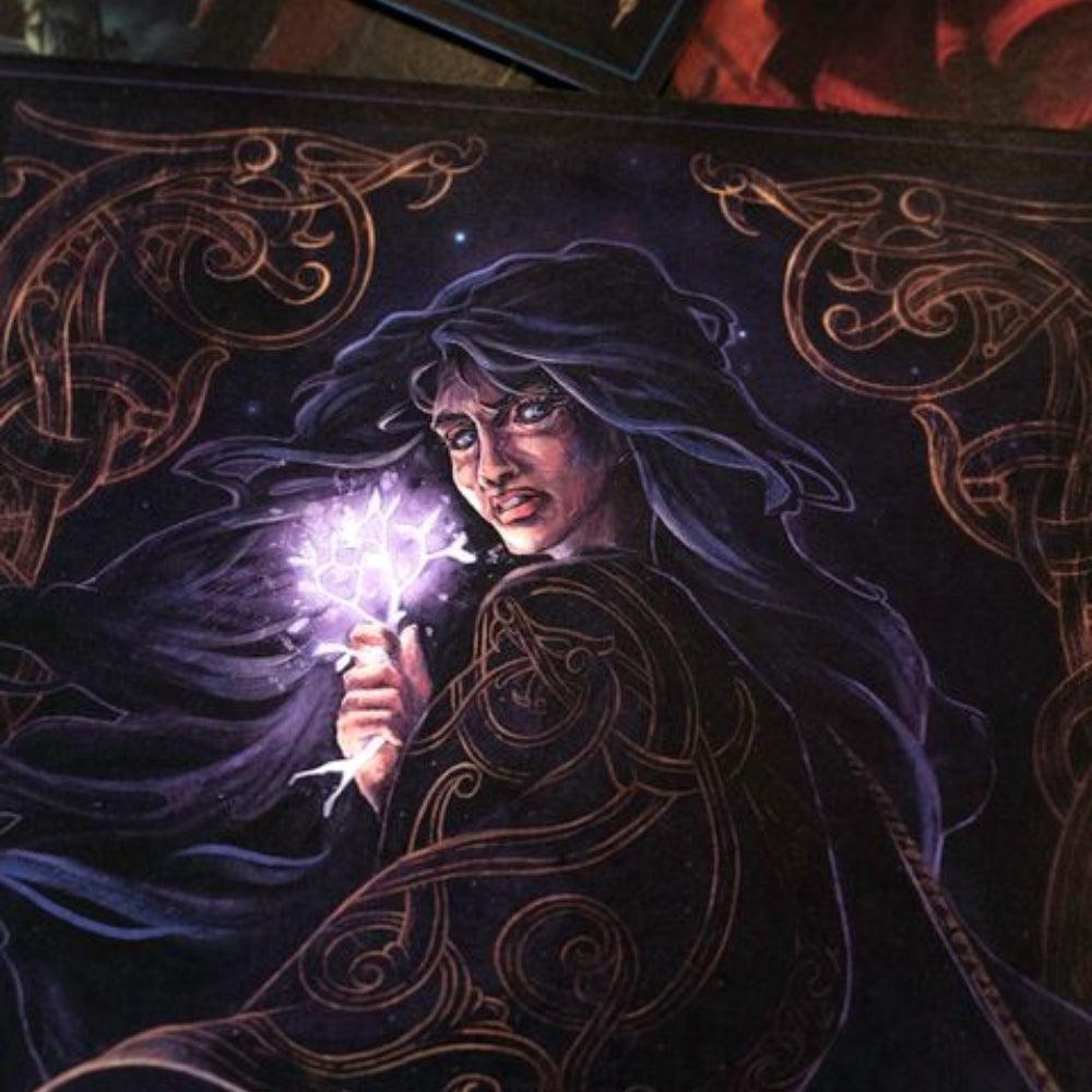 Norse-inspired artwork of a mystical figure with glowing runes and intricate Viking patterns