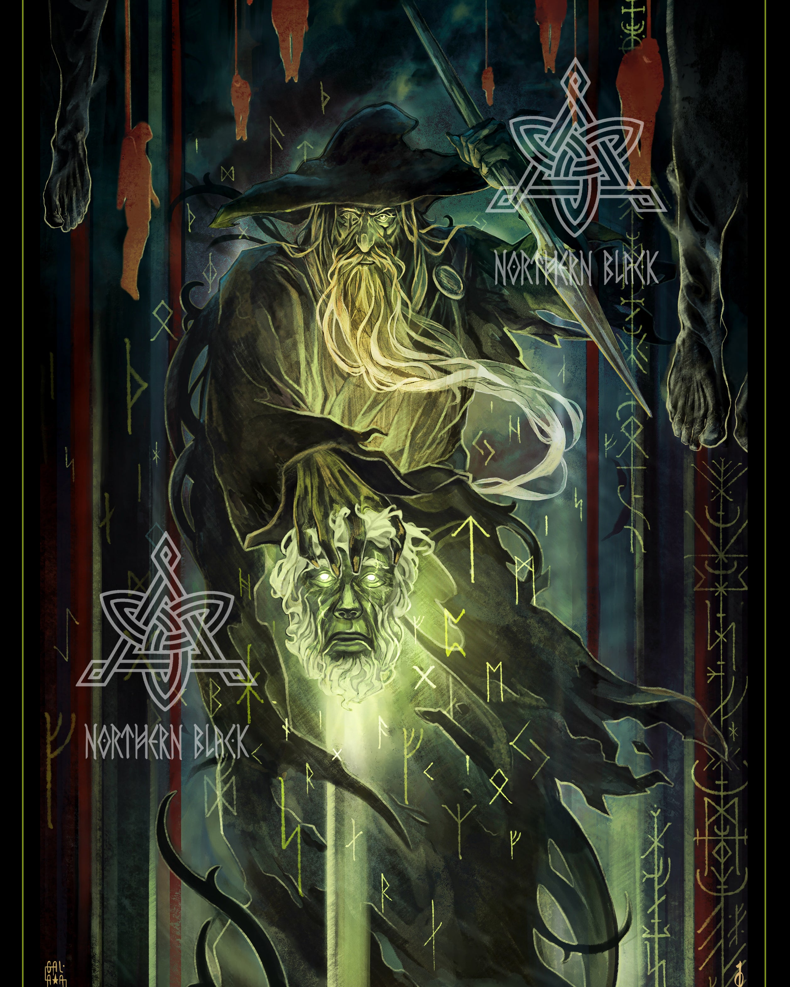 Odin, holding a head surrounded by runes.