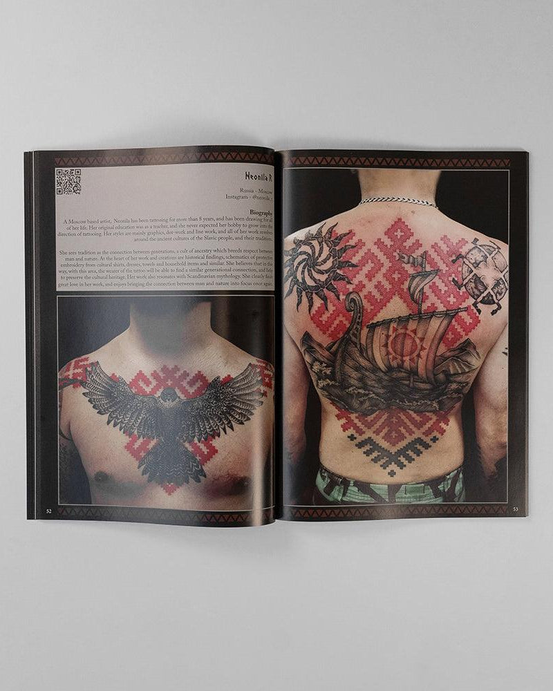 Viking tattoo art book featuring Norse ship, raven, and geometric patterns on back and chest