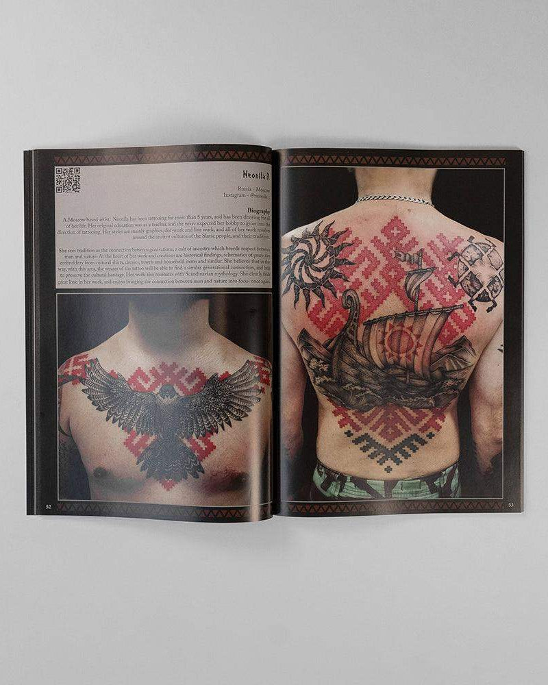 Viking tattoo art book featuring Norse ship, raven, and geometric patterns on back and chest
